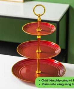 Khay đựng bánh kẹo 3 tầng viền vàng màu đỏ trang trí ngày Tết đám cưới đám ăn hỏi nhà hàng khách sạn
