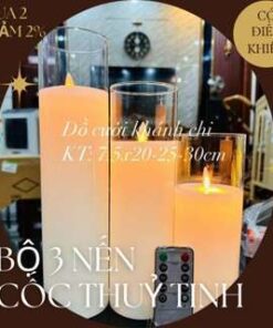Bộ 3 nến cốc thủy tinh chạy pin AAA trang trí đám cưới, phòng tân hôn, nhà hàng khách sạn